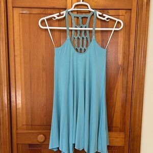 Sky Blue Tunic Tank Top | Faux‑Leather Braided Back | NWT Medium Boho Chic